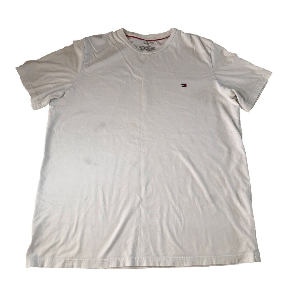 Tommy Hilfiger Mens Large White Crewneck T Shirt Flag Logo Stained Flawed As Is